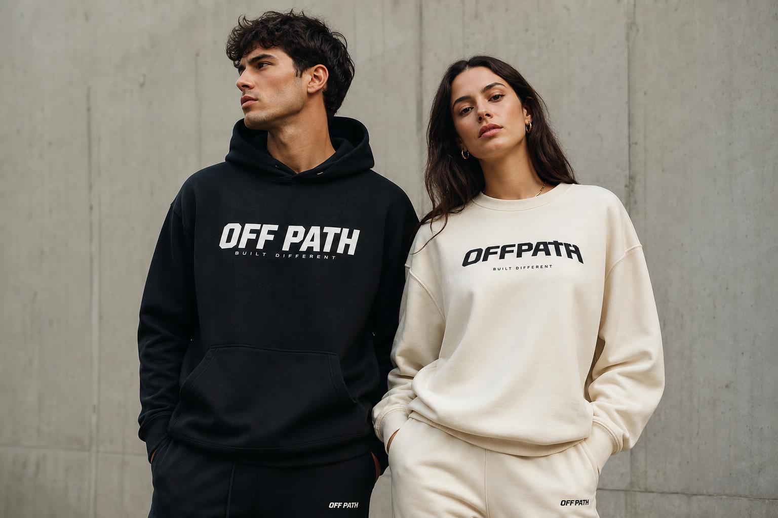 Two models wearing OFF PATH Built Different streetwear